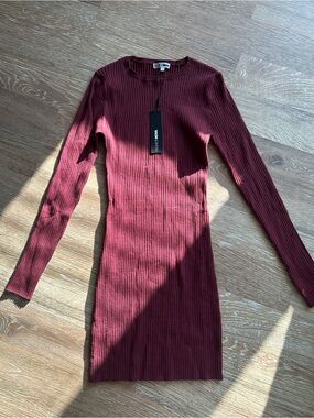 Fashion Nova Burgundy Ribbed Long Sleeve Bodycon Dress